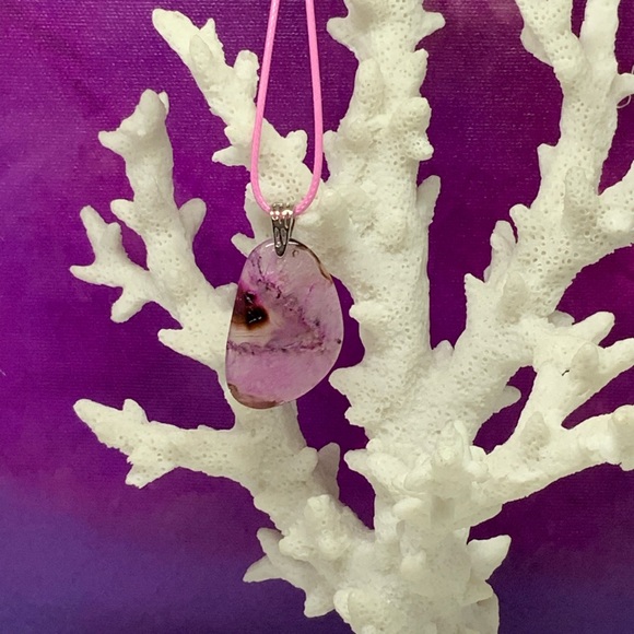 Pink Druzy Geode Agate Slice Pendant Necklace on Waxed Cotton Cord Handmade - Picture 2 of 14